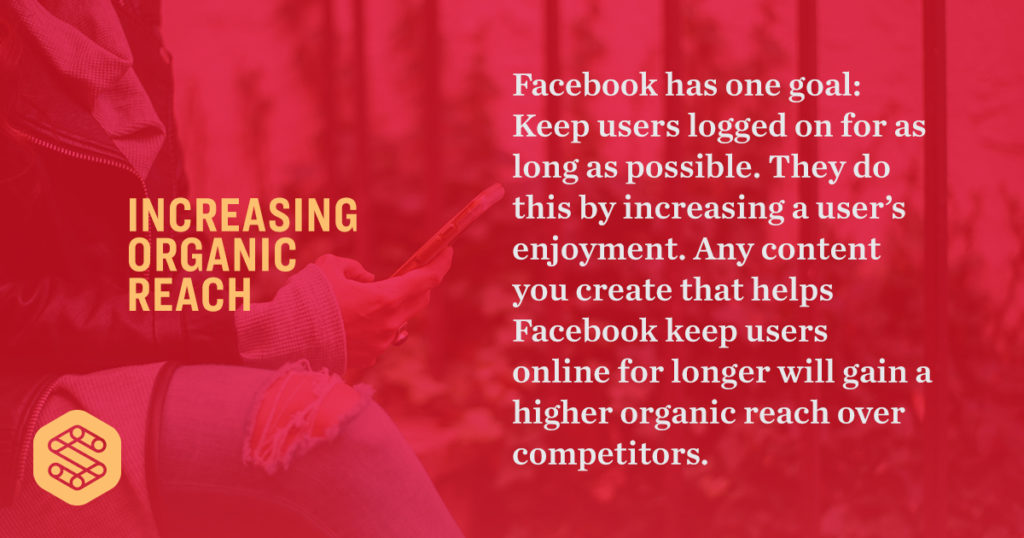 Facebook has one goal: Keep users logged on for as long as possible. They do this by increasing a user’s enjoyment. Any content you create that helps Facebook keep users online for longer will gain a higher organic reach over competitors.