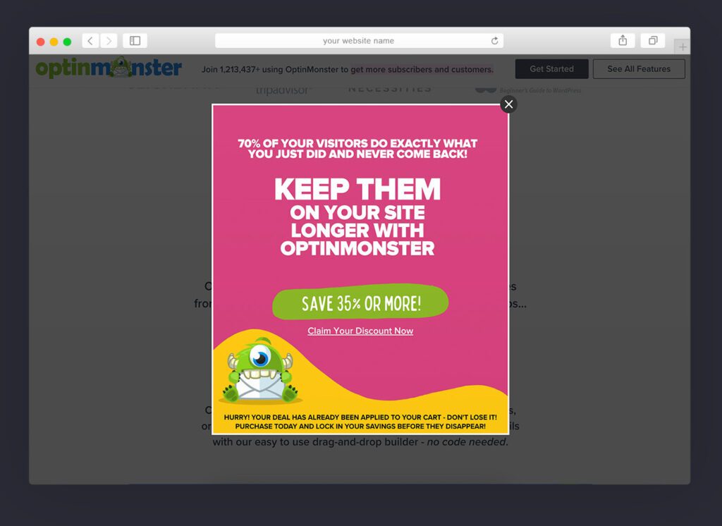 Optinmonster pop up notification on sales page